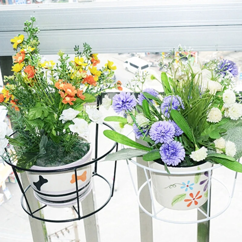 Balcony Round Flower Pot Basket Iron Railing Fence Hanging Potted Plant Rack Planter Stand Holder Garden Decoration 1Pc