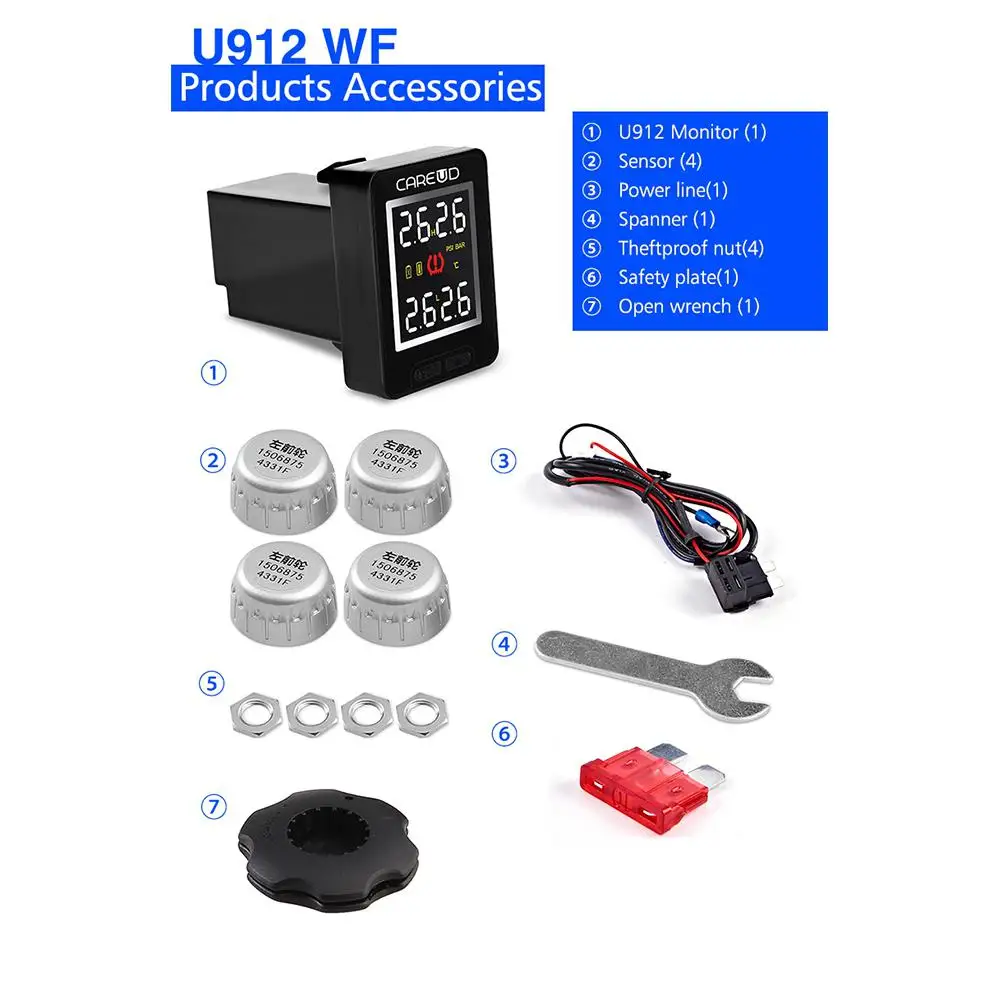 Kuulee U912-WF автомобильный TPMS Авто беспроводная система контроля давления в шинах 4 внешних датчика ЖК-дисплей Встроенный монитор для HONDA