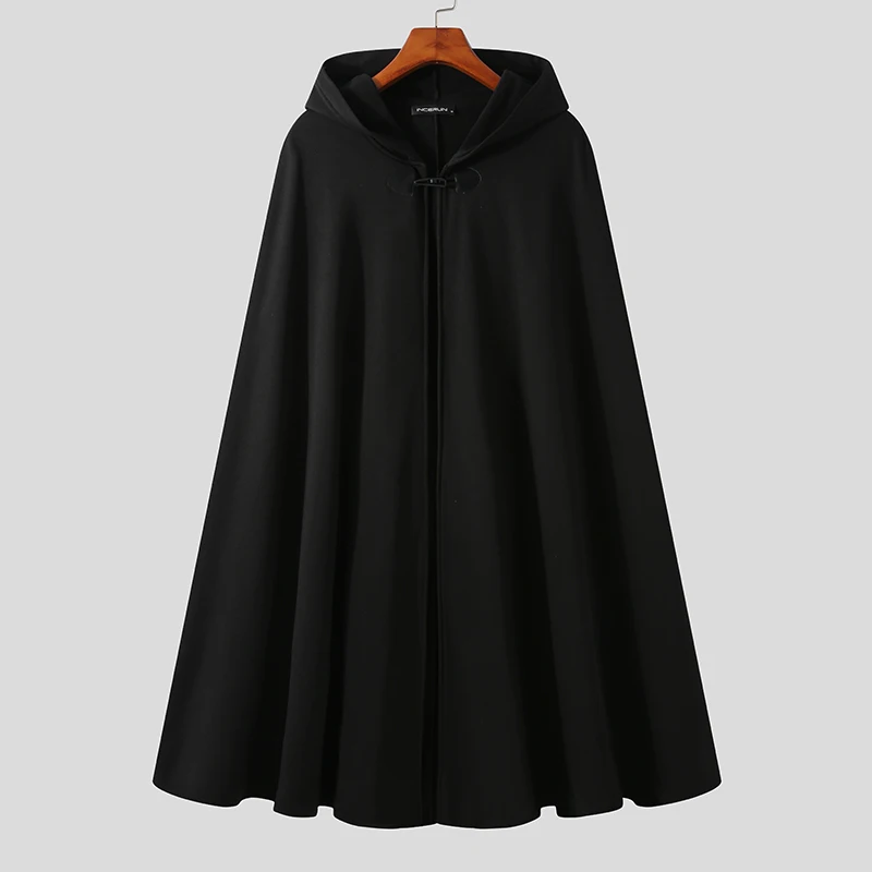New Men's Fashion Korean Style Single-breasted Cloak Coat Solid Color Autumn Winter Cape Hooded Poncho Coat S-5XL INCERUN 2021