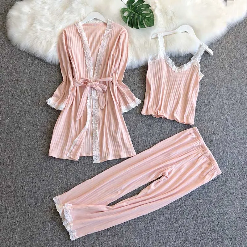 Pink Модный женский халат, набор для женщин, хлопковый комплект из 3 предметов, ночная рубашка, мягкая повседневная одежда для сна, женский домашний сервис, теплая одежда для сна - Цвет: Pink