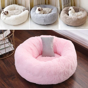 

Pet House Round Plush Cat Bed House Soft Plush Cat Bed With Pillow For Small Dogs Cats Nest Winter Warm Sleeping Bed Puppy Mat