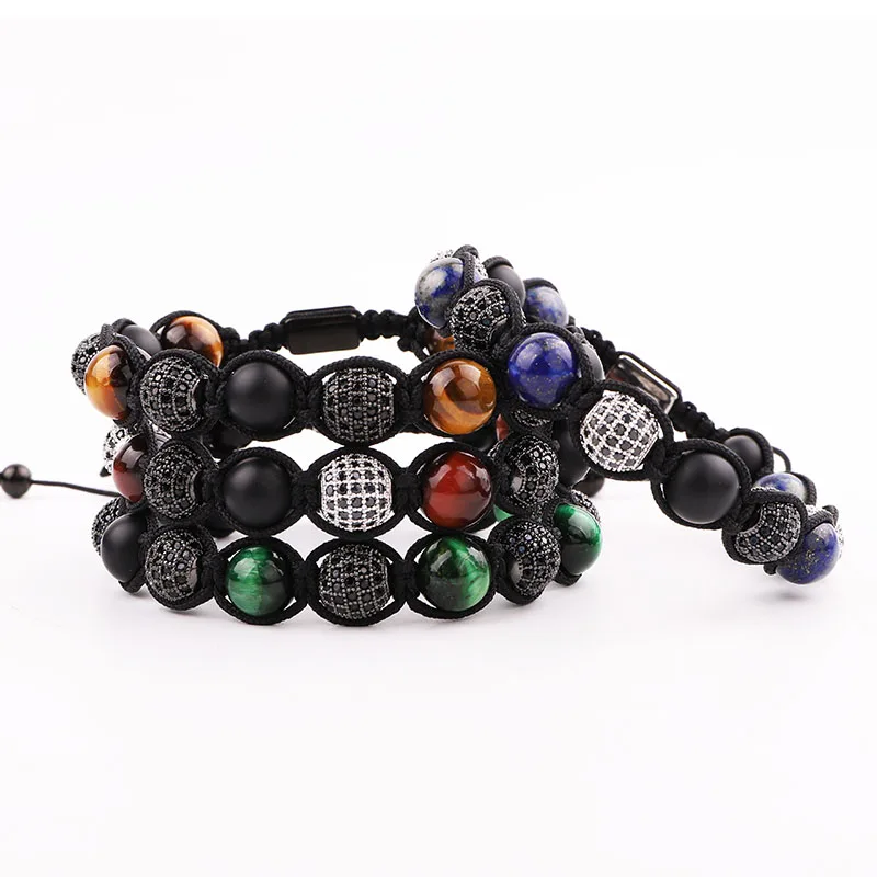 JARAVVI Men Bracelet New Design Natural Stone Beads CZ Pave Ball Charm Adjustable Bracelet Men Jewelry Gift