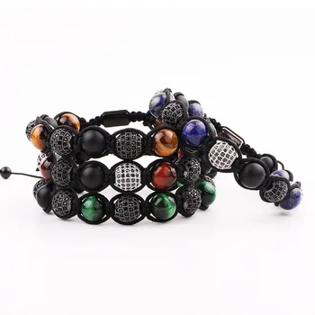 JARAVVI Men Bracelet New Design Natural Stone Beads CZ Pave Ball Charm Adjustable Bracelet Men Jewelry Gift