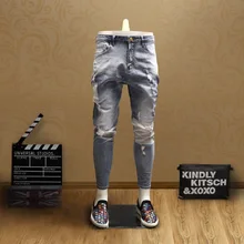 Мужские обтягивающие рваные джинсы в стиле пэчворк, уличная одежда, синий светильник, брюки длиной до щиколотки для ковбоев