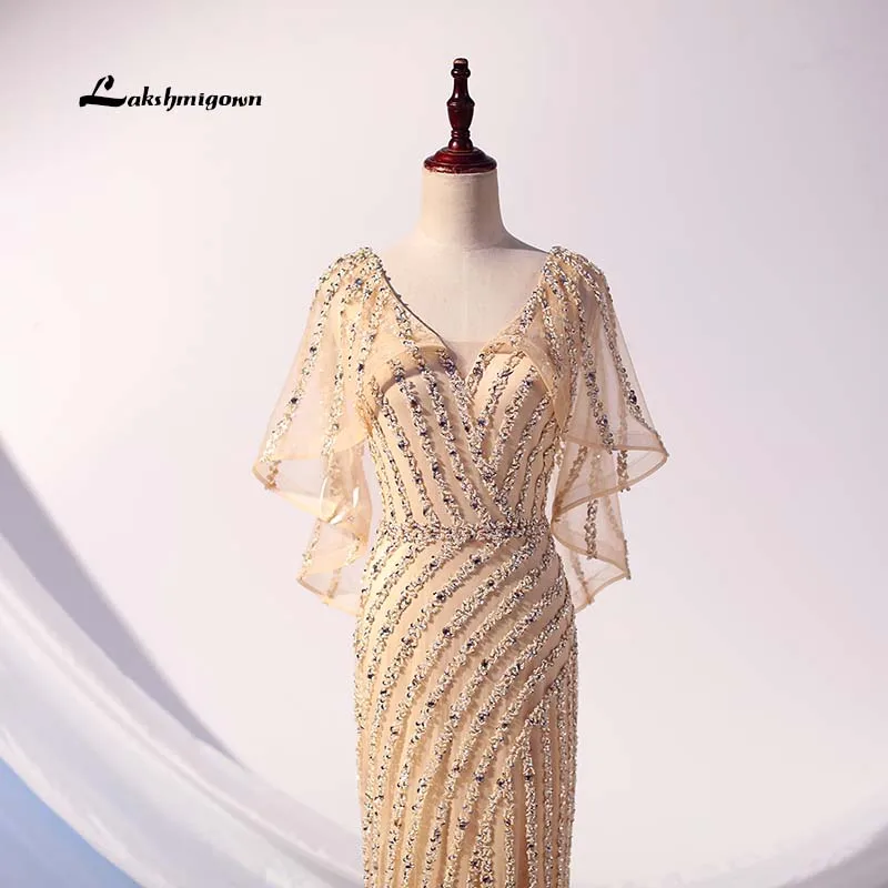 Lakshmigown роскошные золотые тюлевые Длинные вечерние платья Русалка серые Кристальные блестящие расшитые блестками вечерние платья vestido longo