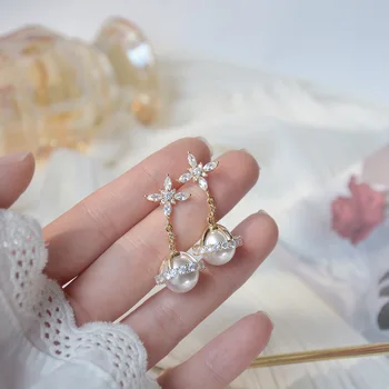 

14K Real Gold Plated CZ Cubic Zircon Flower Stud Earrings for Women Delicate Jewelry Crystal Long Pearl Earrings