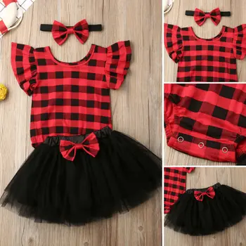 

My 1st Christmas Baby Girl 0-18M Clothes Plaid Romper+Tulle Dress+Headband Outfit