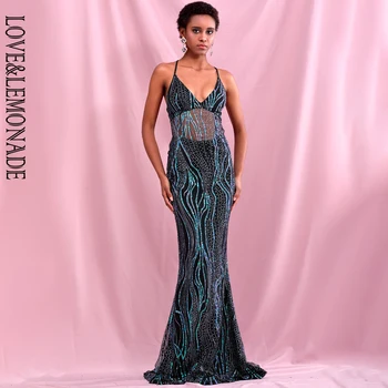 

LOVE & LEMONADE Sexy Green V-Neck Open Back Bodycon Glitter Glue Material Maxi Dress LM82343