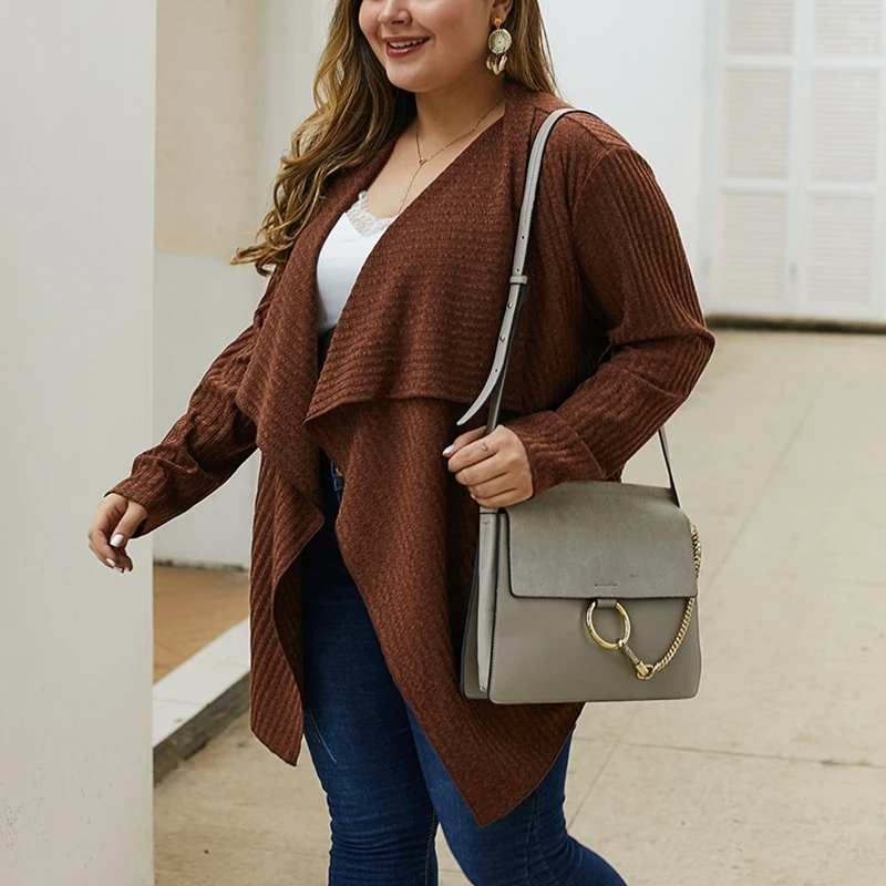 Spring new knitted jacket top 3XL-7XL bust 129CM fashion lapel long sleeve solid color sweater coat