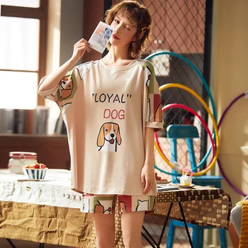 

Summer Pajamas Women's Cotton Short-Sleeved Korean-Style Leisure Tops with Shorts Cute Cartoon Design Casual Home Suit