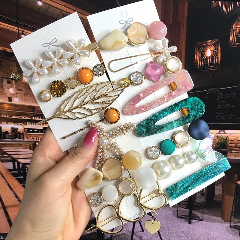 Hair-Clips-Set Hairpin Hair-Accessories Barrettes Crystal Geometric Pearl Acrylic Fashion Jewelry