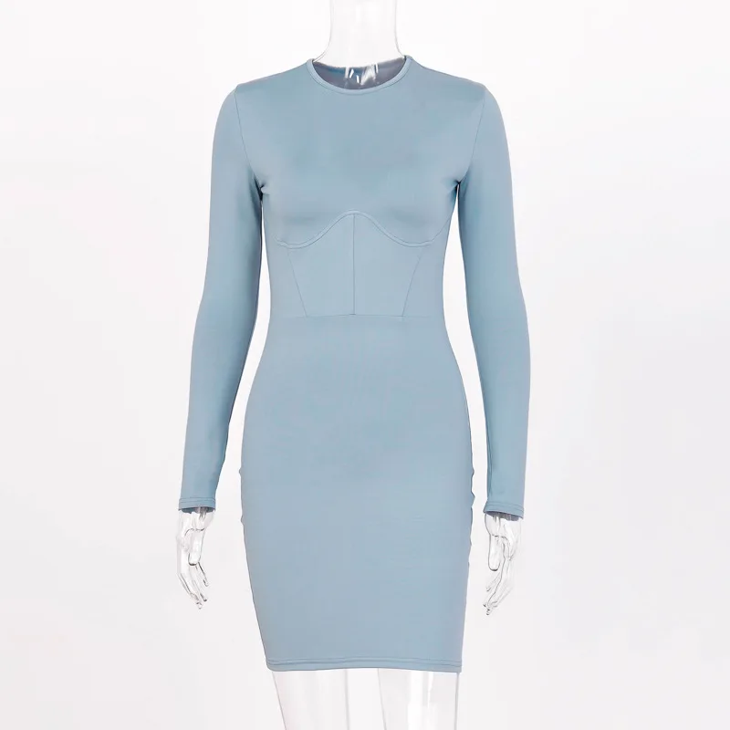 Articat осеннее женское сексуальное облегающее платье с длинным рукавом и круглым вырезом, тонкое однотонное мини платье, женское повседневное уличное платье - Цвет: Синий