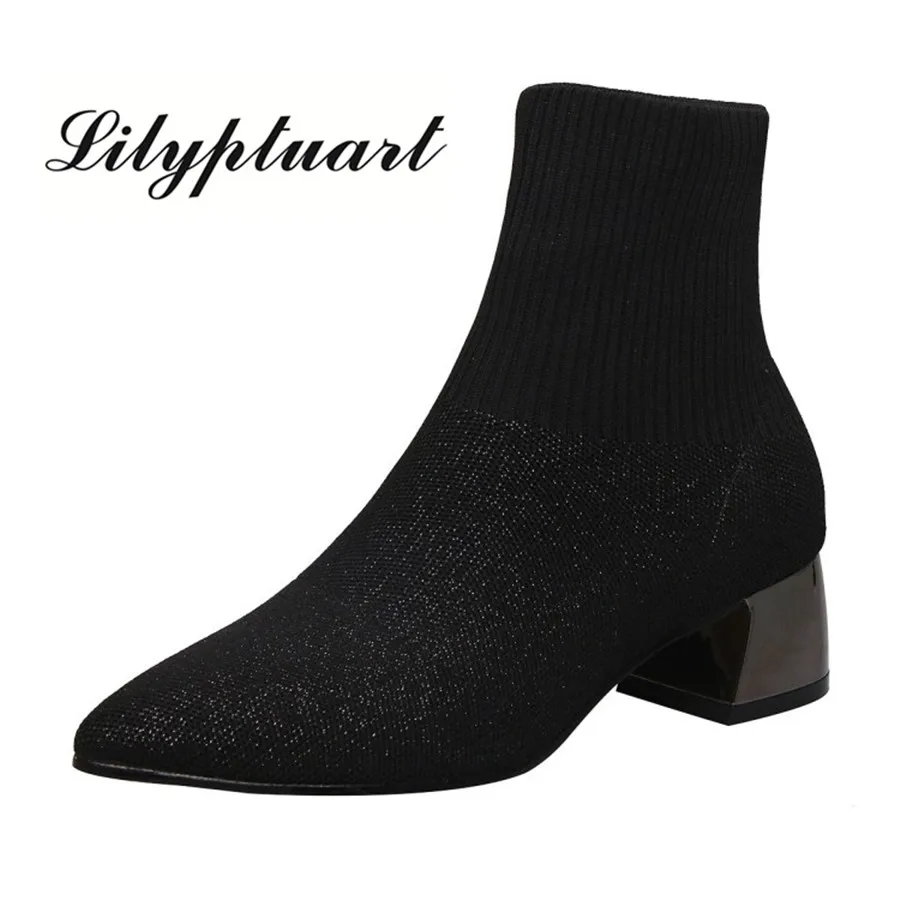 

2019 European and American style knitted wool material elastic booties pointed thick with beef tendon soles winter boots women