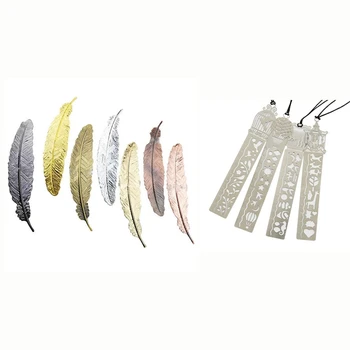 

10 Pcs Office Accessories: 4 Pcs Iron Bookmark Ruler Hollow Cute Drawing Stencil & 6 Pcs Vintage Feather Metal Bookmarks