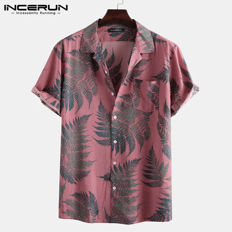 

2020 Men Short Sleeve Lapel Printed Shirt Tropical Leaf Pattern Floral Shirt Casual Summer Hawaiian Holiday Camisa Tops INCERUN