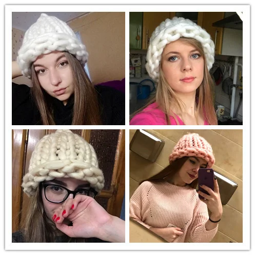 

Women Winter Knitted Beanies Hat Thick Soft Warm Coarse Large Knitted Solid Hat Female Ice Ski Bonnet Skullies Beanies Hat Cap