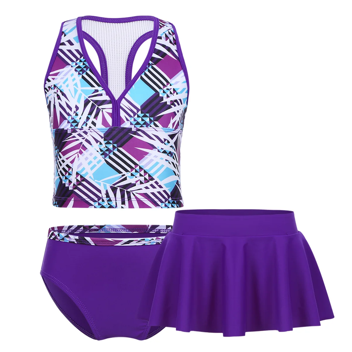 3PCS Kids Girls Teens Tankini Swimsuit Digital Printed Swimwear Surfing Swimming Bathing Suit Set Tops with Bottoms Skirt