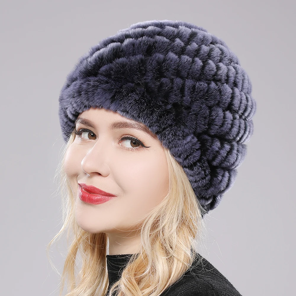 2025 Outdoor Winter Good Elastic Real Fur Hat Women Knitted Natural Rex Rabbit Fur Skullies Cap Warm Soft Real Fur Beanies Hats 2