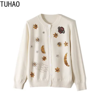 

TUHAO Fall Knitted Sweater Woman's Cardigans Sequin Embroidery Cartoon STr Moon Beaded Diamond Sweaters Woman Clothes T2071