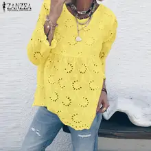 Богемные кружевные вязанные крючком Топы Женская летняя блузка ZANZEA модная блуза на пуговицах сзади женские рубашки с длинным рукавом размера плюс туника