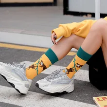 Носки с принтом с героями мультфильмов, клубничное яйцо, обезьяна, морковь, арбуз, в полоску, банан, пчелы, птица, осенние женские хлопковые носки