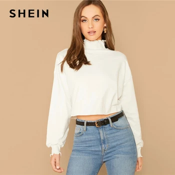 

SHEIN White Lettuce Trim Lantern Sleeve Sweatshirt Women High Neck Pullover Autumn Casual Solid Cute Sweatshirts