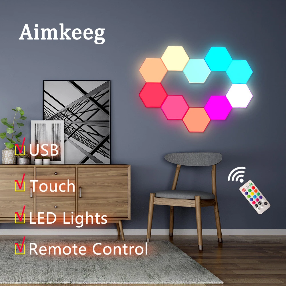 

LED Honeycomb Lights Quantum Hexagon Light USB Touch Wall Lamp Each Can Changeable Color for Bedroom Living Room Decor Lighting