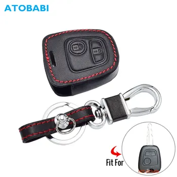 

Real Leather Car Key Cover For Peugeot 106 107 206 207 307 408 RCZ 2 Buttons Remote Fob Shell Case Keychain Protector Accessory
