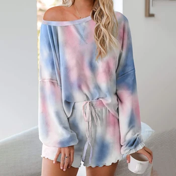 

New Women Tie Dye 2 Piece Sets Print Homewear Casual Tshirt Shorts Suit Sports Tracksuit Sleepwear Pajamas Lounge Wear