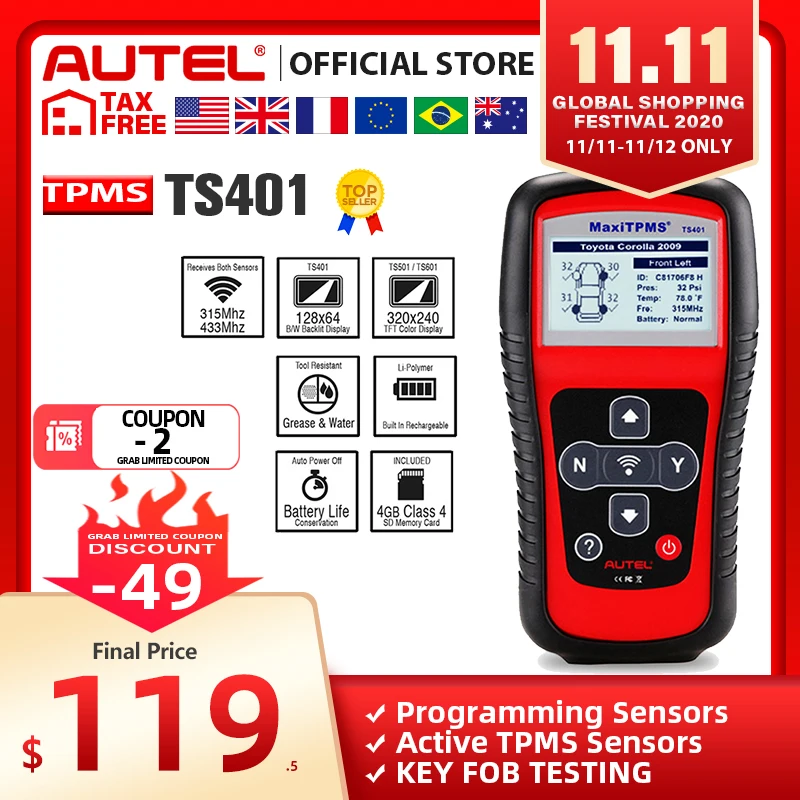 £105.88 Autel Maxitpms Ts401 Tire Pressure Monitoring System Obd2 Tpms Diagnostic