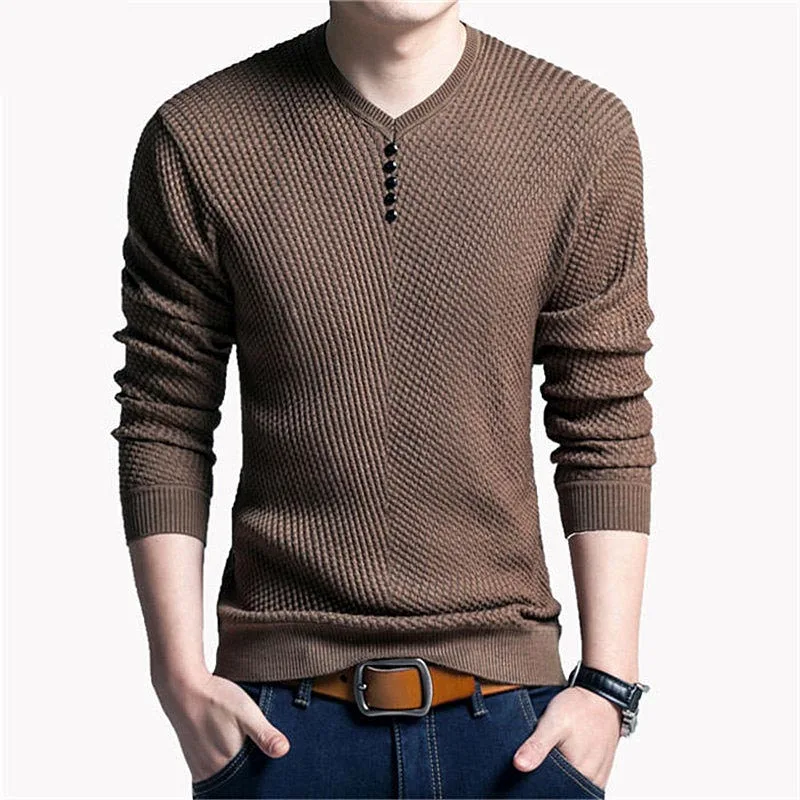 Вязаный мужской свитер Повседневный брендовый пуловер с v-образным вырезом мужские осенние тонкие свитера мужские повседневные трикотажные пуловеры с длинным рукавом - Цвет: CC010 khaki