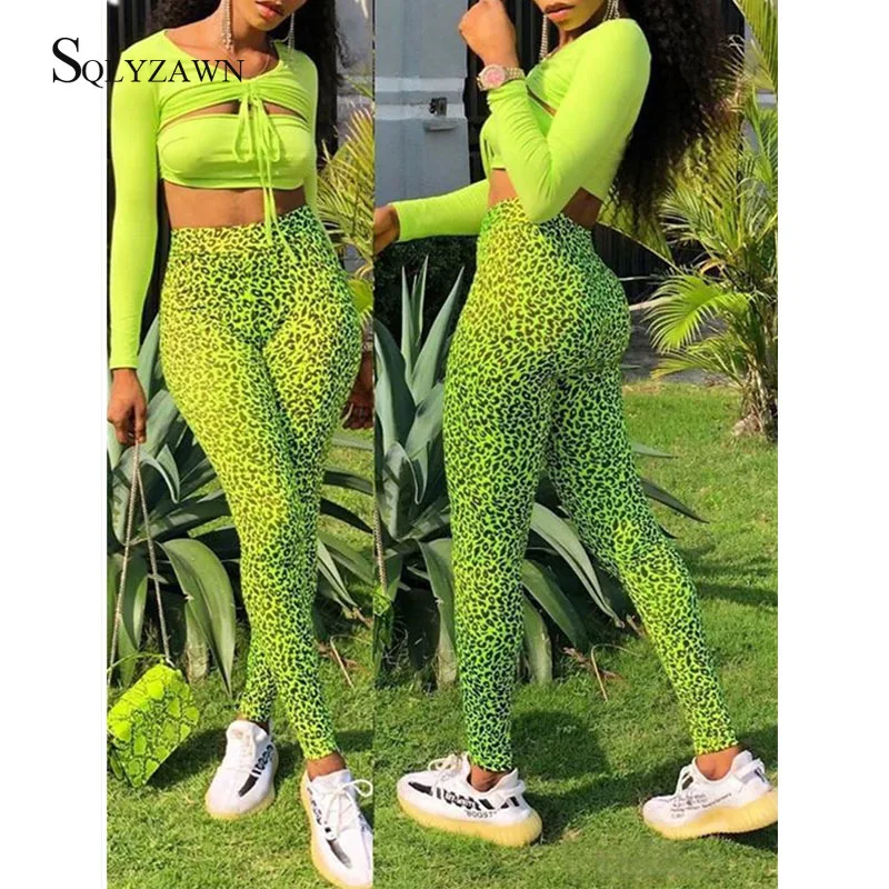 

Sexy Two Piece Set Women Matching Sets Club Outfits Leopard Print Neon Green Fitness Set Crop Top and Lenggings Tracksuit 2019