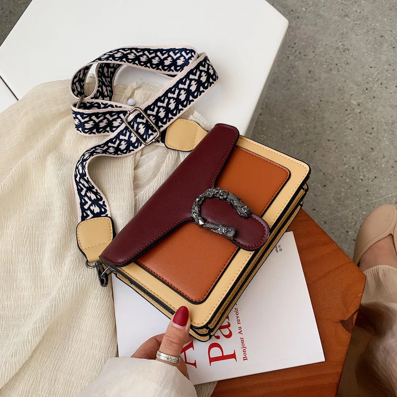 

Hipster Contrast Color Broadband Square Sling Bag Versatile Shoulder Oblique Bag Trend Bag 2019 New WOMEN'S Bag