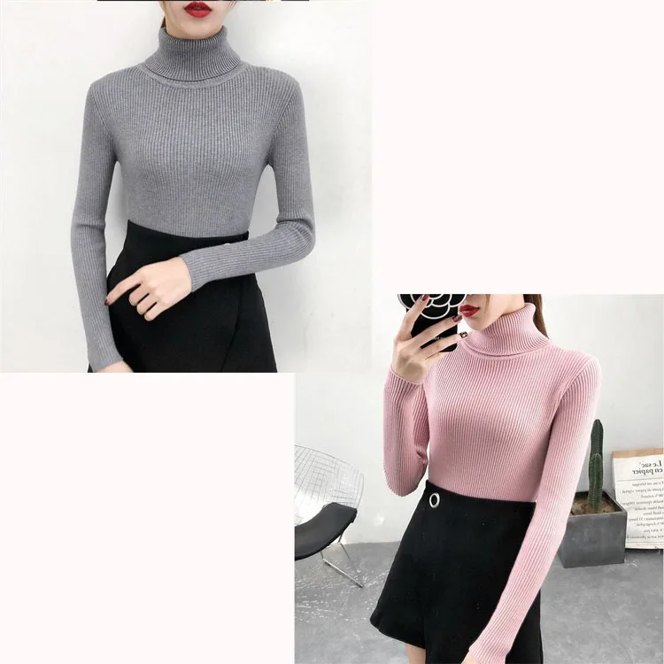 pinkgrey Bonjean, вязаный джемпер, Осень-зима, топы, водолазка, пуловеры, Повседневные свитера, женская рубашка с длинным рукавом, короткий облегающий свитер для девочек - Цвет: pinkgrey