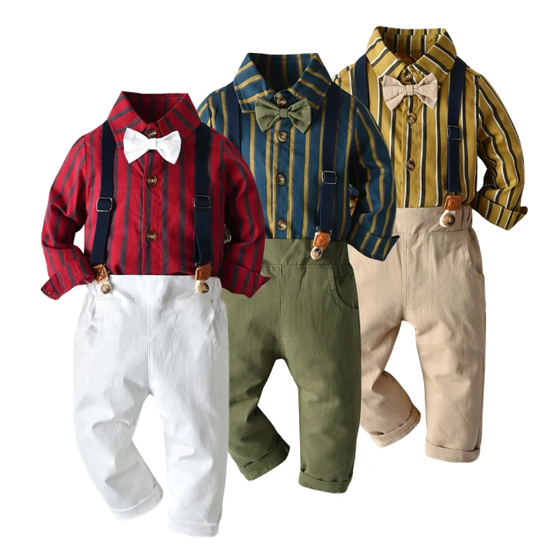 Модный детский комплект одежды для мальчиков, рубашка с бантом и штаны с поясом, детский осенний костюм Рождественская одежда на пуговицах для маленьких мальчиков