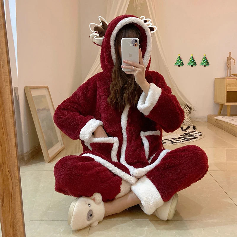 

Christmas pajamas set autumn and winter furry comfortable outside wear home wear