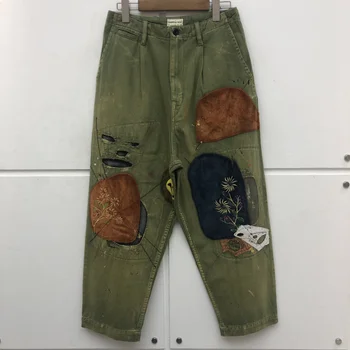 

Skateboard Hip-Hop Hole Damage KAPITAL Pants Men Women 1:1 High Quality Flowers Patch KAPITAL Trousers ArmyGreen Apricot Pants