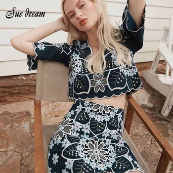 

2020 Summer New Women'S Elegant Printed Embroidery 2 Two-Piece Set V-Neck Half-Sleeved Short Top & High Waist Mini Skirt