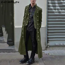 INCERUN, готическое пальто для мужчин, длинный рукав, Одноцветный, на пуговицах, Ретро стиль, панк стиль, Тренч, на шнуровке, мужской удлиненный фрак, верхняя одежда, мужские пальто