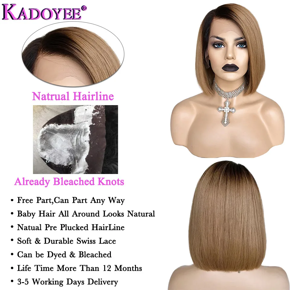 Короткий Боб человеческих волос парик прямые Кружева передние парики Remy 13x4 уха к уху бразильский Омбре светло-коричневый цветной парик для женщин