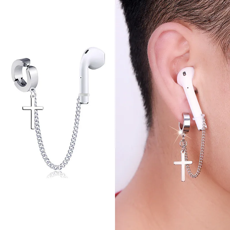

Personality Titanium Cross Dangle Earring Fashion Bluetooth Airpods Earrings Accessories Anti-Lost Ear Clip Punk Hip Hop Jewelry