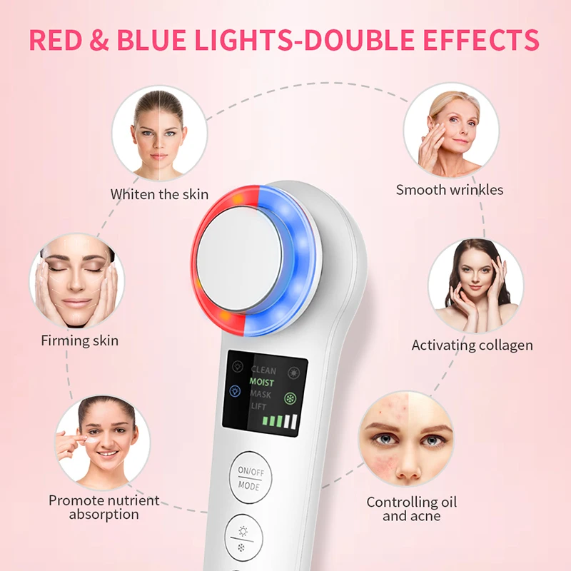  Ultrasonic vibration Heating Iontophoresis EMS Red Blue Light Facial aesthetics Microcurrent Import