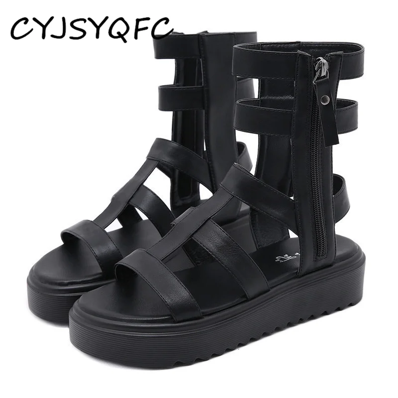 

CYJSYQFC Rome Gladiator Ankle Strap Platform Women Sandals Peep Toe Side Zipper Flat Heels Ladies Shoes For Black Soft Leather