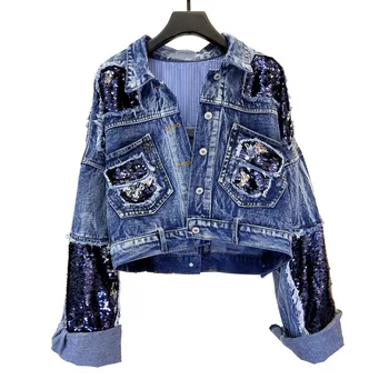 

Sequin Splicing Denim Jacket Femme Chaqueta 2020 Spring Hip-hop Heavy industry Women Denim Coat Short Jeans Jackets for Ladies