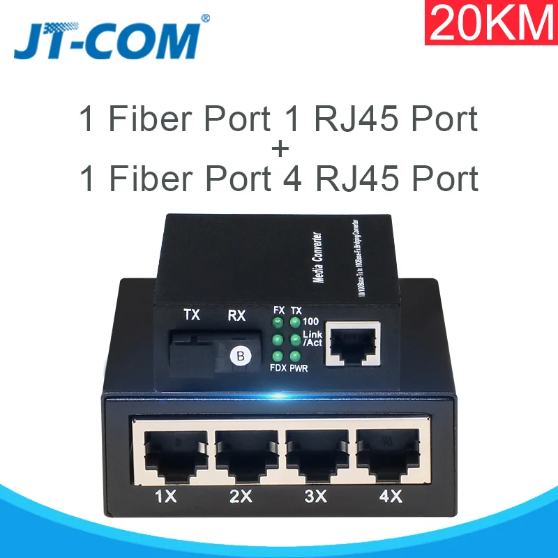 1 Pair Optical Fiber Media Converter 10/100M Singlemode Simplex Fiber Transceiver Single Fiber Converter 1310/1550nm 20km SC - Цвет: 1pair 1F1E and 1F4E