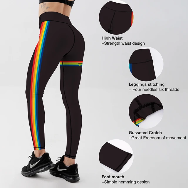 Rainbow Striped Polyester Leggings 2018 Casual Black Sporting Elastic Force Breathable Polyester Leggings For Women 4