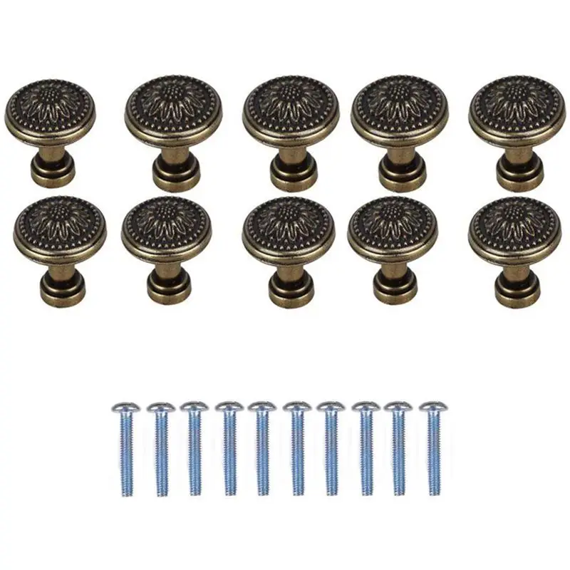 

10 Pack Antique Bronzy Flower Round Handle Kitchen Cabinet Cupboard Door Drawer Pull Knob With Screws 25 x 23mm
