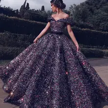 Шикарные с плеча блесток бальные платья для выпускного вечера Плюс Размер V шеи женщин Формальное вечернее платье Длинные вечерние платья