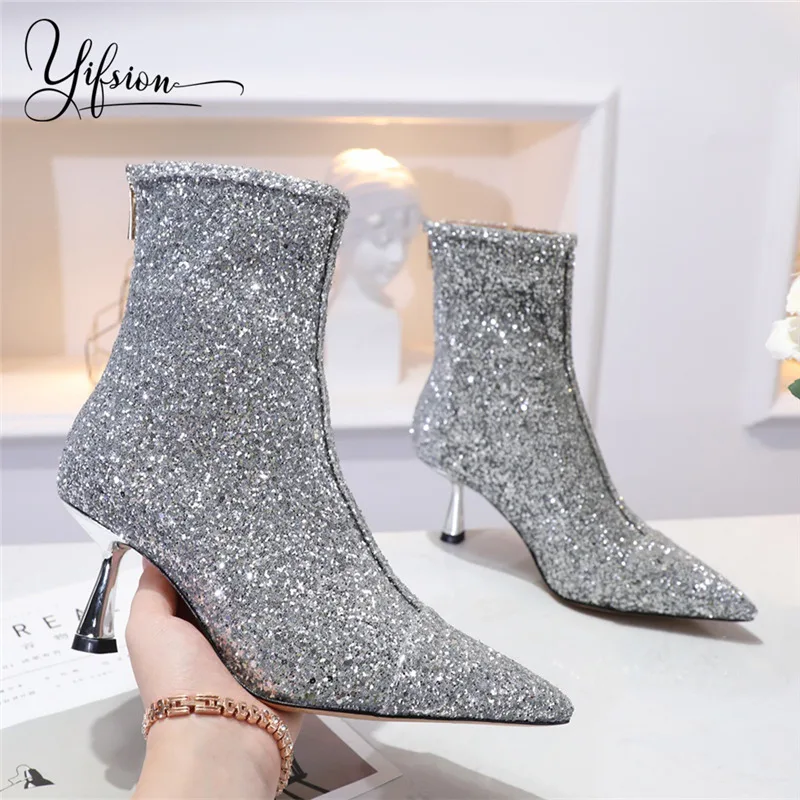OLOME New Fashion Silver Blingbling Women Boots Pointed Toe Side Zip Thin High Heel Women Autumn Ankle Boots Shoes Woman