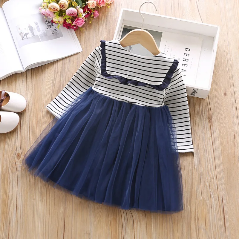 Winter Long Sleeve Baby Girls Dress Autumn Girls Mesh Stitching Gauze Princess Stripes Print Cute Lapel Sweet Daily Clothes